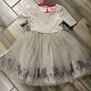 Girls Beige Dress with Glitter Unicorn Horse Design